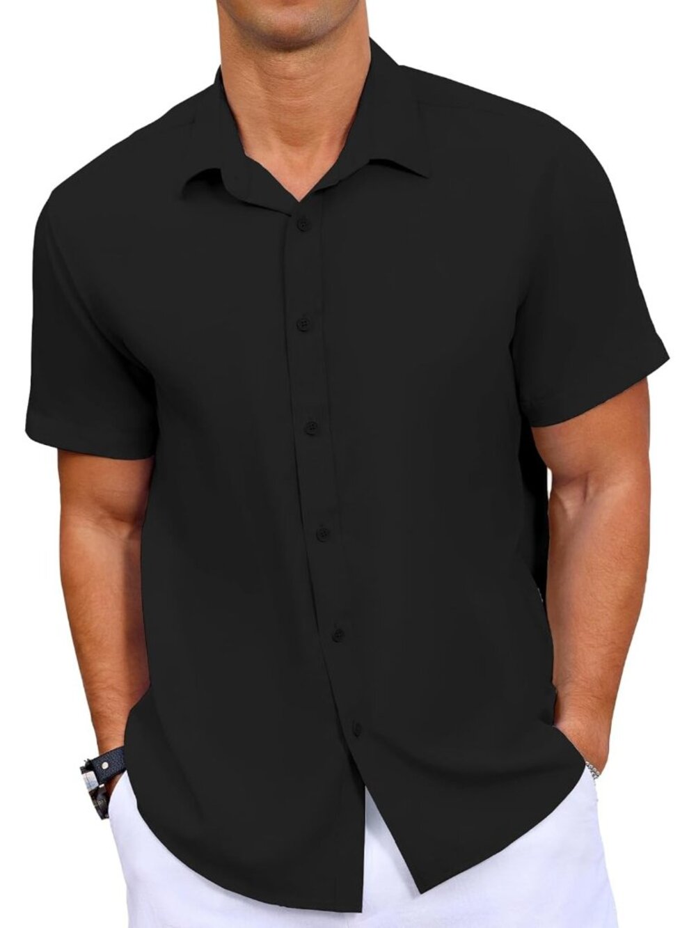 Men's Black Button Down Short Sleeve Summer Wedding Untucked Shirt